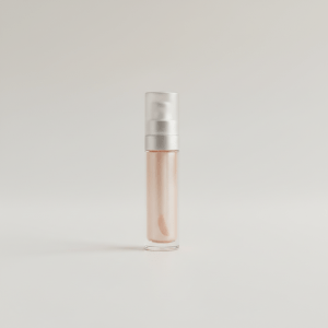 Professional e-commerce product photography of a **brandless** Luxe Lip Serum with Hyaluronic (Nourishing lip serum that smooths and plumps with a satin finish.). The entire environment is a perfectly uniform, flat, solid color #EAE9E7 (light warm gray) with absolutely no gradient, vignette, spotlighting, texture, noise, or grain. The object is centered and tiny, occupying only 25% of the frame, surrounded by massive negative space. The background and floor are a seamless, infinite cyclorama of solid color #EAE9E7 with no horizon line, no corner, and no visible wall/floor transition. Lighting: ultra-even high-key with very strong global illumination and soft, multi-directional bounced fill (studio light tent look). Bright exposure (lifted midtones and shadows, low contrast), slightly overexposed overall while preserving product detail. Fully diffuse, no hard shadows, no cast shadows; at most a barely visible neutral contact shadow. No harsh specular highlights. Framing: simple 3/4 view. Perfectly centered. Style: ultra-clean, minimalistic. No logos, no text, no distractions. 8k resolution, sharp details on the object.